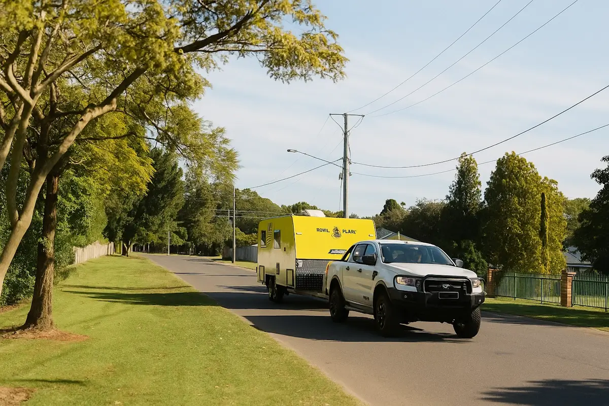 White ute towing a yellow caravan along quiet country roads, captured at ground level and by drone — showcasing Wheel Sensei’s smarter towing focus.