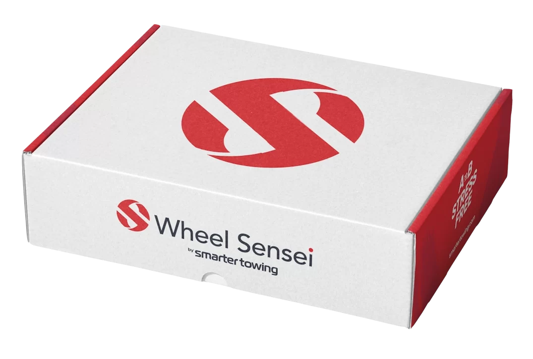 Wheel Sensei packaging box with red and white branding, including sensors, clamps, data box, USB cable, and activation code inside.